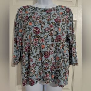 J. JILL Small Petite Blue Pink Orange Green Botanical Floral Blouse Cotton
